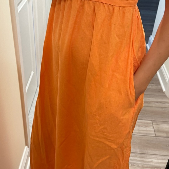 TAHARI Linen Blend Wide Stripes Pockets Pleated Bodice Maxi Dress in Orange Sz 2 - Picture 13 of 15